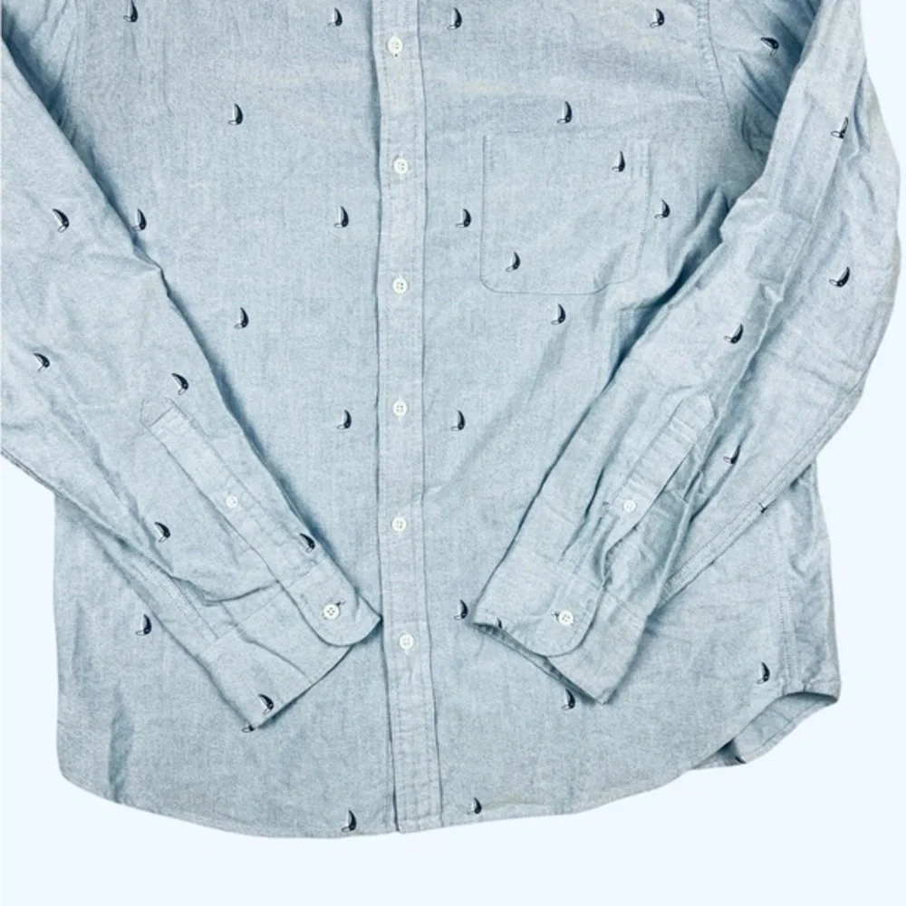 J Crew Dress Shirt Mens XL 17-17.5 Flex Button Up Denim‎ Blue Sailboat Print